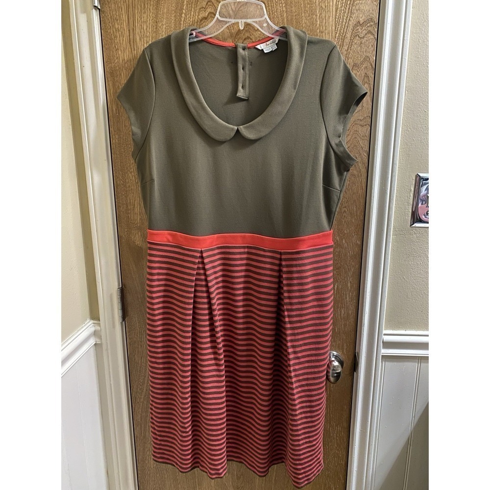BODEN Collared Stripe Pleated Peplum Dress Olive Hot Pink Button Back US 16L